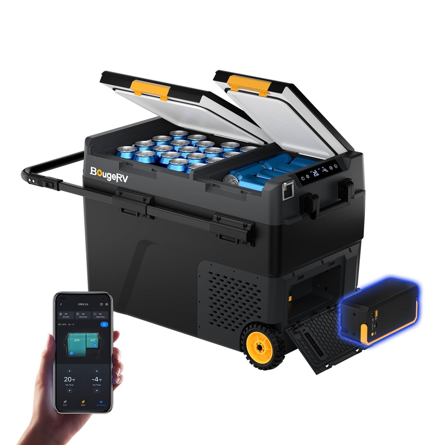 BougeRV CRD2 V2.0 52 Quart Portable Fridge Freezer with 240Wh Battery, 12 Volt Car Refrigerator, -4℉~68℉ Dual Zone Compressor Electric Cooler for Overlanding, Camping, RV, Truck(2026 New Model)