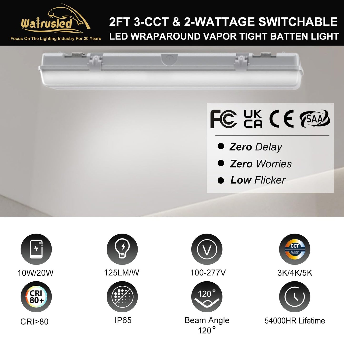 2FT LED Vapor Tight Light, IP65 IK08, 10W(1250lm)/20W(2500lm), 3/4/5000K CCT Selectable, 100-277V, Outdoor Waterproof Shop Light, Vapor Proof Lighting Fixture for Carport Parking Garage, FCC 2-Pack