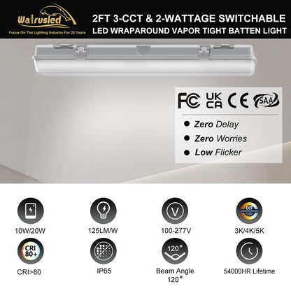 2FT LED Vapor Tight Light, IP65 IK08, 10W(1250lm)/20W(2500lm), 3/4/5000K CCT Selectable, 100-277V, Outdoor Waterproof Shop Light, Vapor Proof Lighting Fixture for Carport Parking Garage, FCC 2-Pack