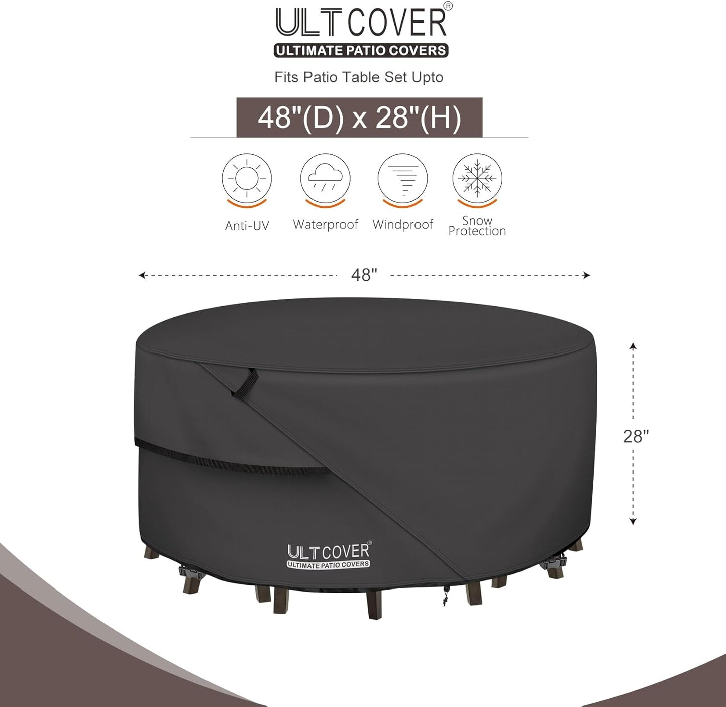 ULTCOVER Round Patio Furniture Cover - Waterproof 48-Inch Table & Chair Set Cover, Black