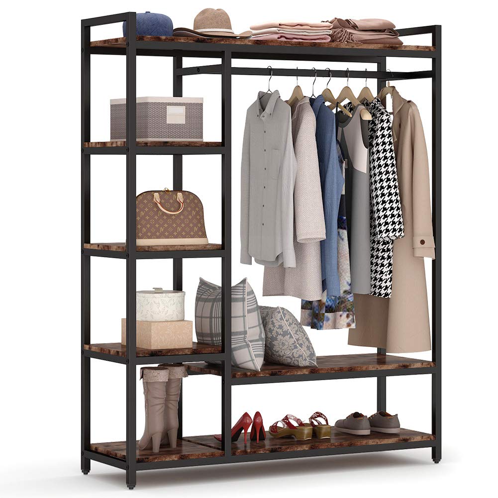 LITTLE TREE Free Standing Wood Closet Clothes Rack,Heavy Duty Grament Rack with Shelves,Hanging Racks for Clothes Clothing Rack for Bedrom,Wardrobe Closet Organizer,350 lb Capacity,Rustic