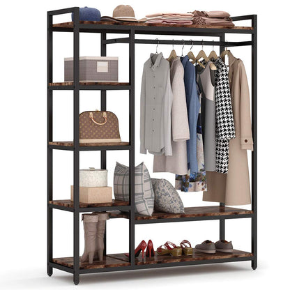 LITTLE TREE Free Standing Wood Closet Clothes Rack,Heavy Duty Grament Rack with Shelves,Hanging Racks for Clothes Clothing Rack for Bedrom,Wardrobe Closet Organizer,350 lb Capacity,Rustic
