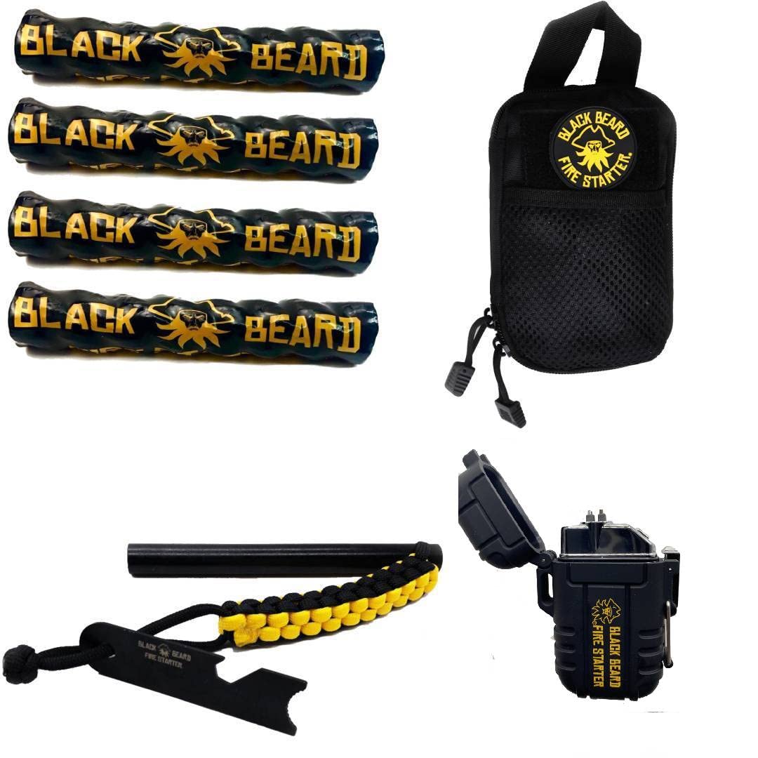 Black Beard Pirate's Plunder Fire Starter Kit with Waterproof Plasma Arc Lighter, Ferro Rod & Fire Starter Rope for Campfires in All-Weather Waterproof & Windproof