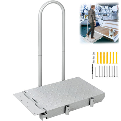 HomiShare Boat Boarding Platform with Handrail, Dock Extension Step with Safety Grab Bar, Folding Dock Boarding Platform for Marina, Dock, Deck, Boat, Silver