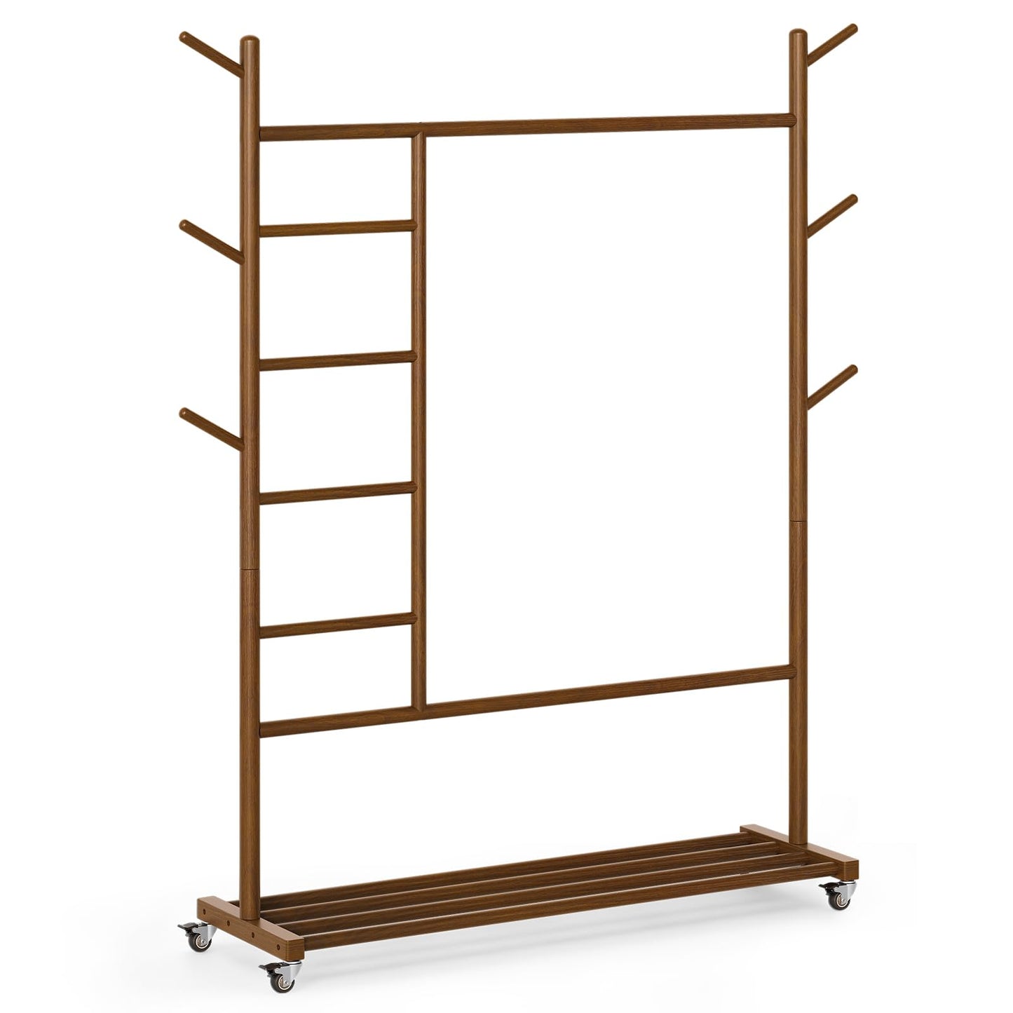 Yoobure Solid Wood Clothing Rack - Rolling Clothes Rack with Wheels, 4-in-1 Coat Rack with Pants Rack & Shelf, Freestanding Clothing Racks for Hanging Clothes, Garment Rack for Closet Bedroom Entryway