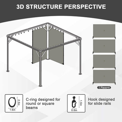 Aoodor 10x12 ft Outdoor Gazebo Curtains, 4 Panels Waterproof Privacy Sidewall Replacement with Zipper for Patio Pergola and Canopy, Gray