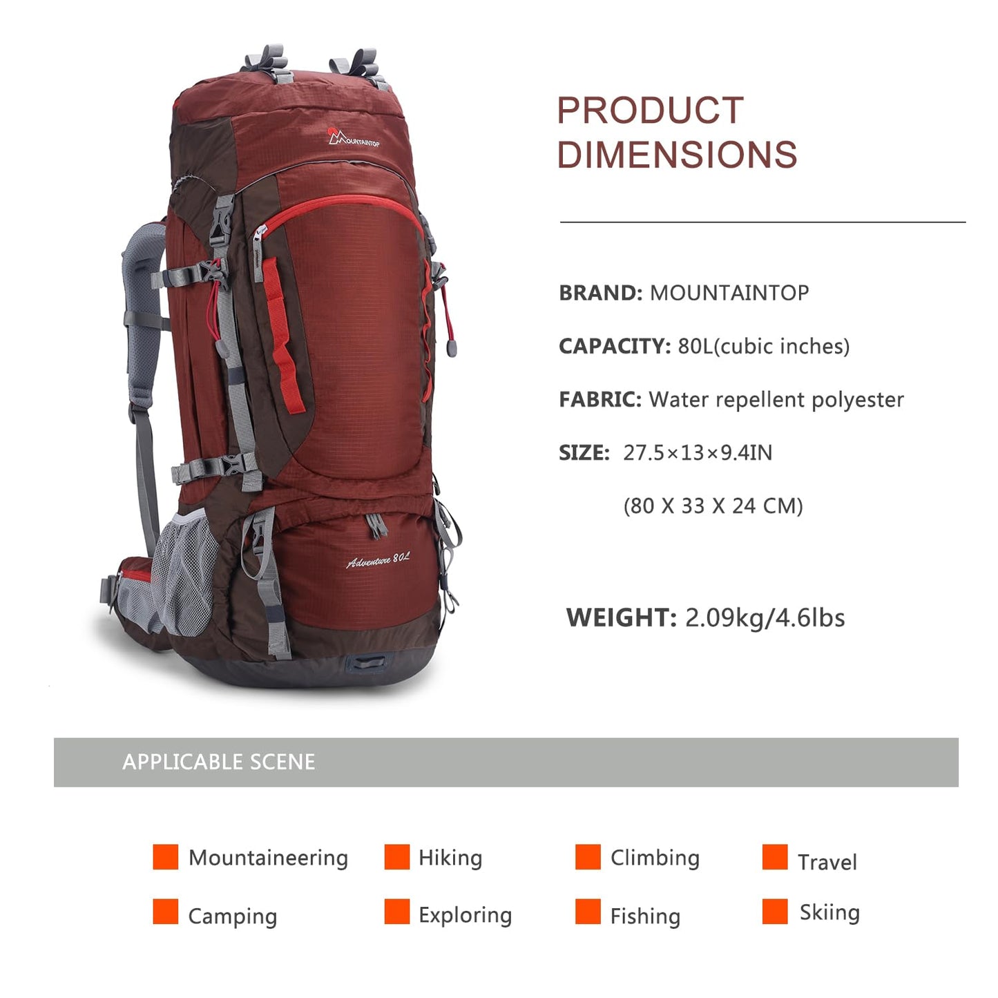 MOUNTAINTOP 80L Internal Frame Backpack for Man & Women Backpacking Hiking Backpack with Rain Cover,Maroon