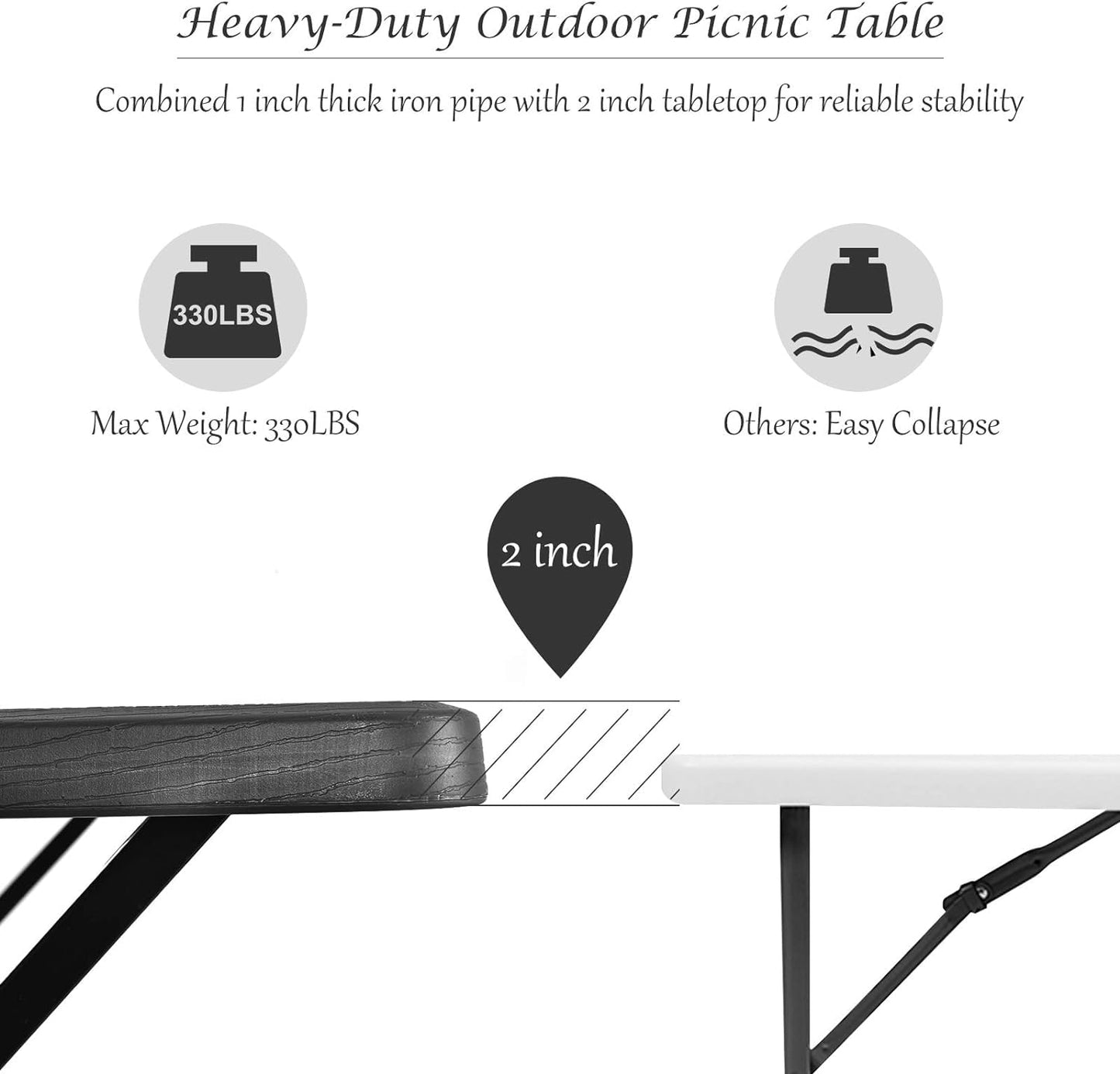 MEDIMALL Picnic Table, Portable Picnic Tables with Benches, Plastics Picnic Table Bench Set with Metal Frame & All Weather Tabletop, Large Camping Picnic Table for Outdoors, Backyard, Garden (Black)