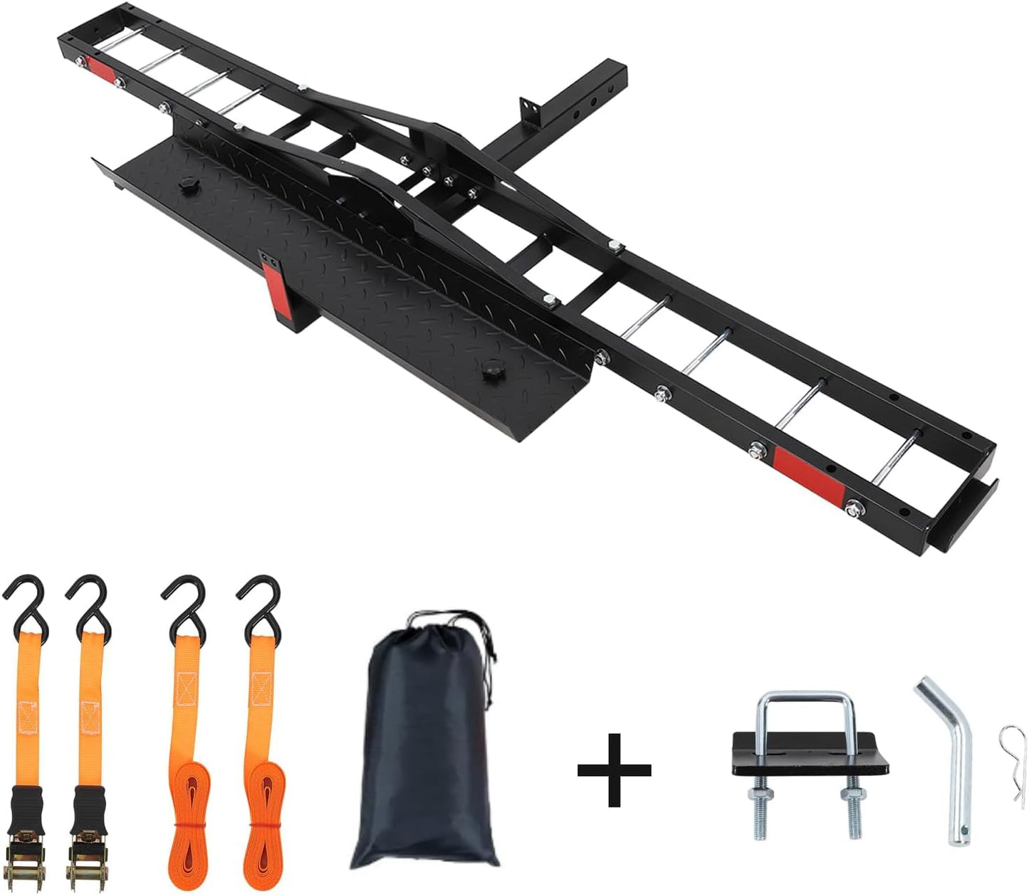 Garvee Motorcycle Trailer Carrier with Loading Ramp, 600 LBS Weight Capacity, Heavy-Duty Iron & Aluminum Construction, Includes 4 Straps, Black Motorcycle Transport Hitch Platform, Black