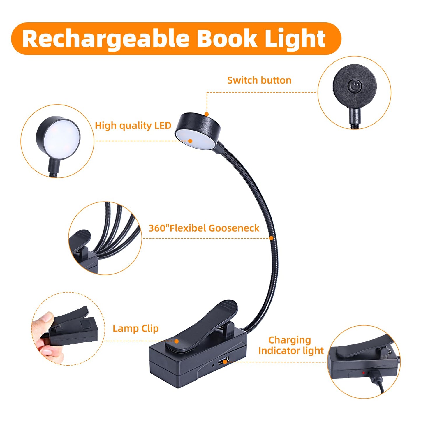 KunHe 60 Pack Rechargeable Book Light Bulk Clip-On Reading Lights for Books in Bed Long-Lasting 3 Modes & 3 Brightness Levels Compact USB Charging Mini Booklights for Kids Book Lovers Bulk Gifts