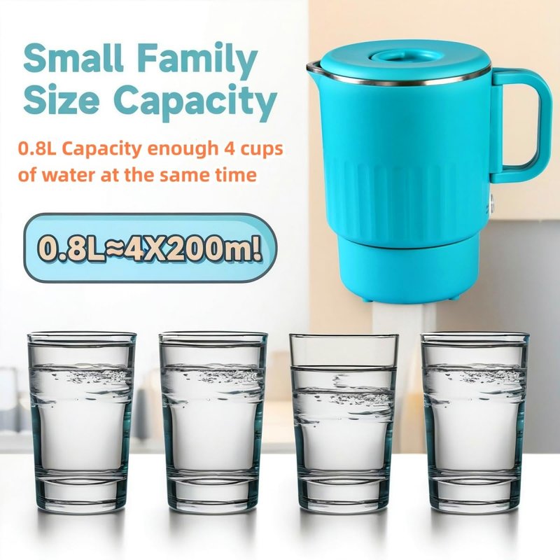 0.8L Small Portable Electric Kettle with Foldable Handle, 27 Ounce Travel Electric Kettle 304 Stainless Steel, Collapsible Hot Water Boiler for RV, Camping, Hotel, Office, Business Trip (Blue)