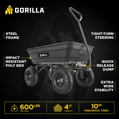 Gorilla Carts Poly Garden Dump Cart, 4 Cu Ft Tub, 600 lb Haul Capacity, Black – Heavy-Duty Utility Wagon with Quick-Release Dumping & Pneumatic Tires for Yard, Landscaping and Gardening