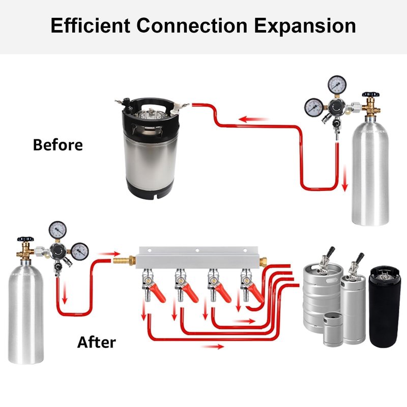 WELLBOM CO2 Manifold, 4-Way CO2 Gas Distributor O.D 5/16'' Barb Fitting Beer Keg Gas Manifold Kegerator CO2 Splitter with Integrated Check Valves & 5PCS Hose Clamps