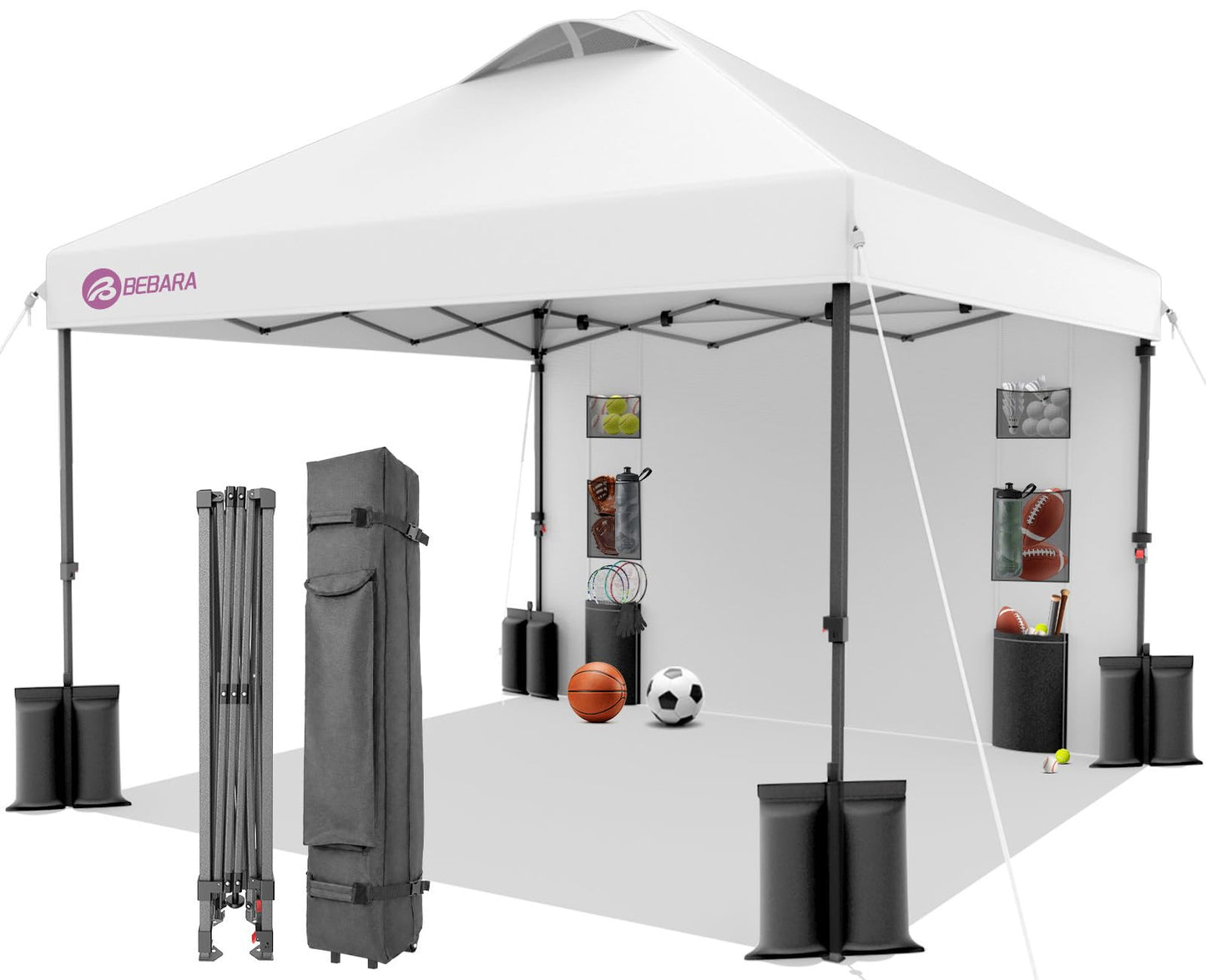 Bebara 10x10 Pop Up Canopy with Sidewall, One-Person One-Minute Setup - Sturdy Frame, UV & Water Resistant Canopy Tent w/Wheeled Carry Bag for Beach, Patio, Camping & Events