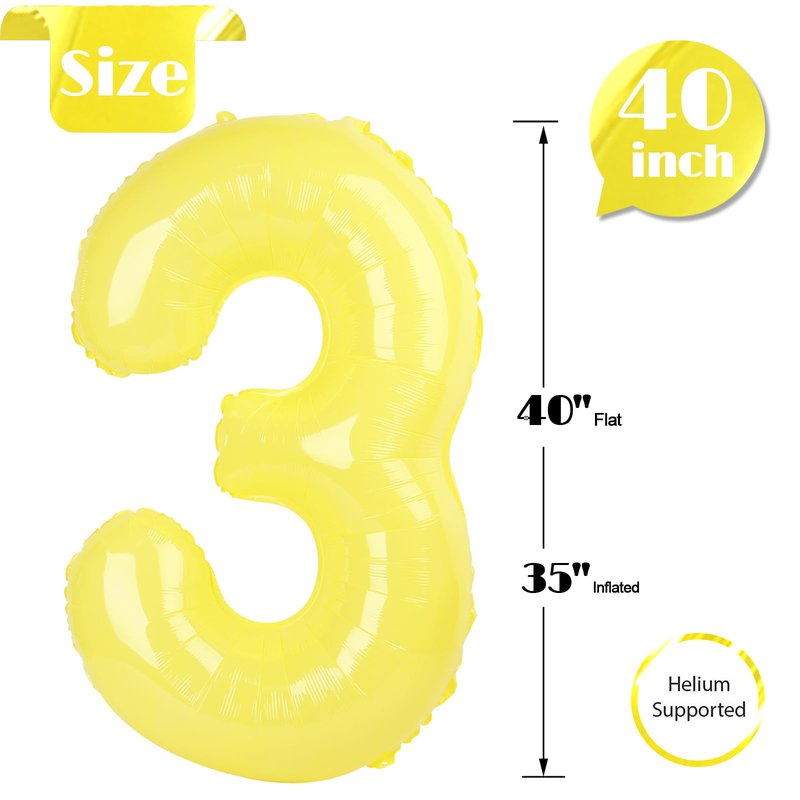 Yellow 3 Balloon, Number Balloons 40 Inch, 3rd Birthday Decorations for Kids Girls Women Party Supplies for Party Decorations, Number 3 Balloon