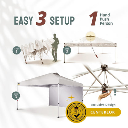 CROWN SHADES Pop Up Canopy with 1 Side Wall - Beach Tent with One Push Setup - Outdoor Sun Shade for Events, Parties, Camping - Gazebo with STO-N-Go Cover Bag, Grid White, 12x12FT