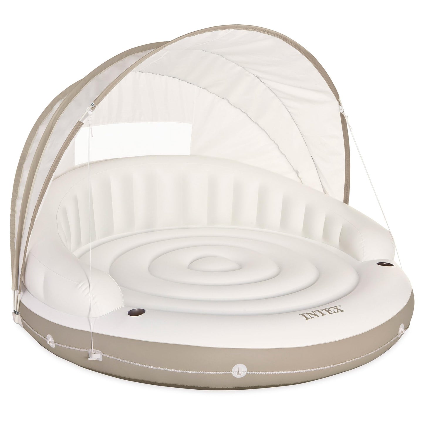 Intex 58292EP Canopy Island Inflatable Pool Float: Comfortable Lounge Surface – Built-in Cup Holders – Detachable Sunshade – 440lb Max Weight Capacity – 78.5" x 59"