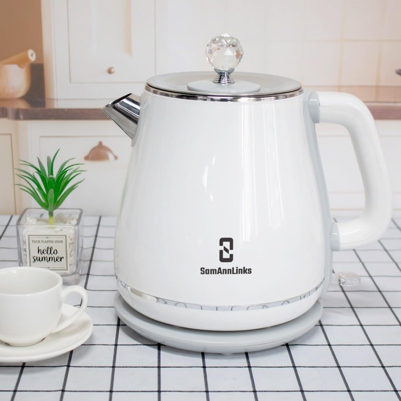 White 1.8L Electric Tea Kettle, Electric Kettle, Stainless Steel electric tea kettle for Fast Boiling Water, hot water Kettle, Double wall and Boil-Dry Protection with Auto-Shutoff.