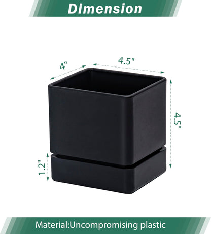D'vine Dev 4 Inch Herb Planter Pot, Plastic Planter with Drainage Holes and Saucer, Modern Decorative Gardening Pot for Indoor Plants, Flowers, Herbs, Succulents, Black, Set of 3, 76-Y-B3-1