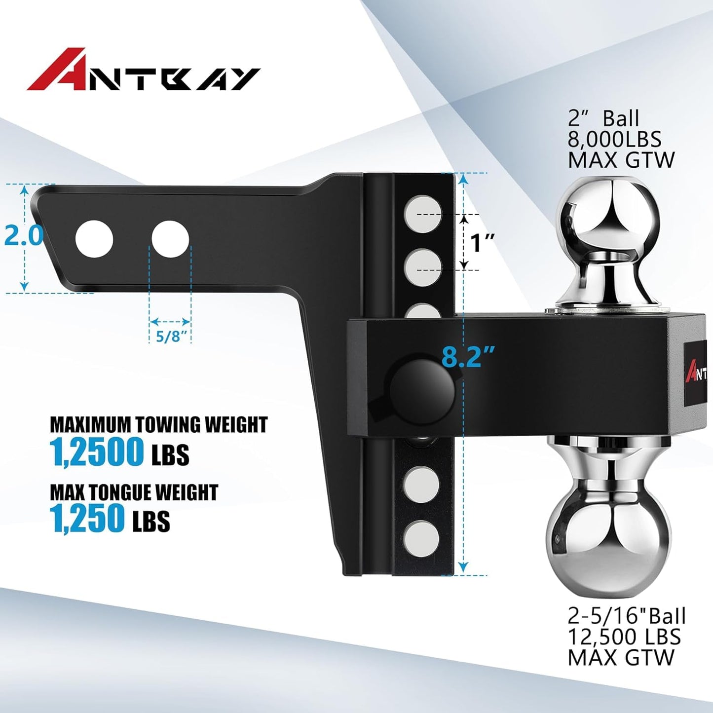 Adjustable Aluminum Trailer Hitch - Fits 2" Receiver, 6" Drop & Rise Dual Ball Mount (2" X 2-5/16") - 12,500 LBS GTW Towing Capacity with 2 Locking Pins for Trailers, Campers, Agricultural Machines