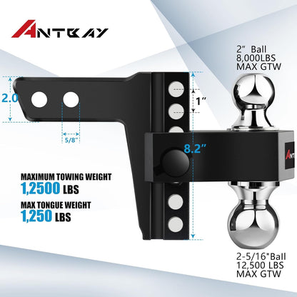 Adjustable Aluminum Trailer Hitch - Fits 2" Receiver, 6" Drop & Rise Dual Ball Mount (2" X 2-5/16") - 12,500 LBS GTW Towing Capacity with 2 Locking Pins for Trailers, Campers, Agricultural Machines