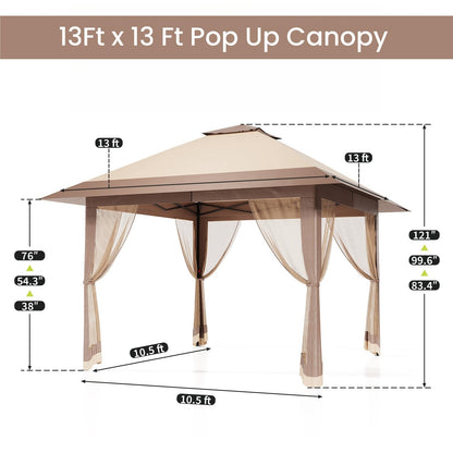 OutdoorVibe 13'x13' Gazebo, Pop Up Patio Gazebo Outdoor Canopy Tent with Double Roof Mosquito Netting & Portable Carry Bag for Backyard Lawn Deck Garden (Khaki)