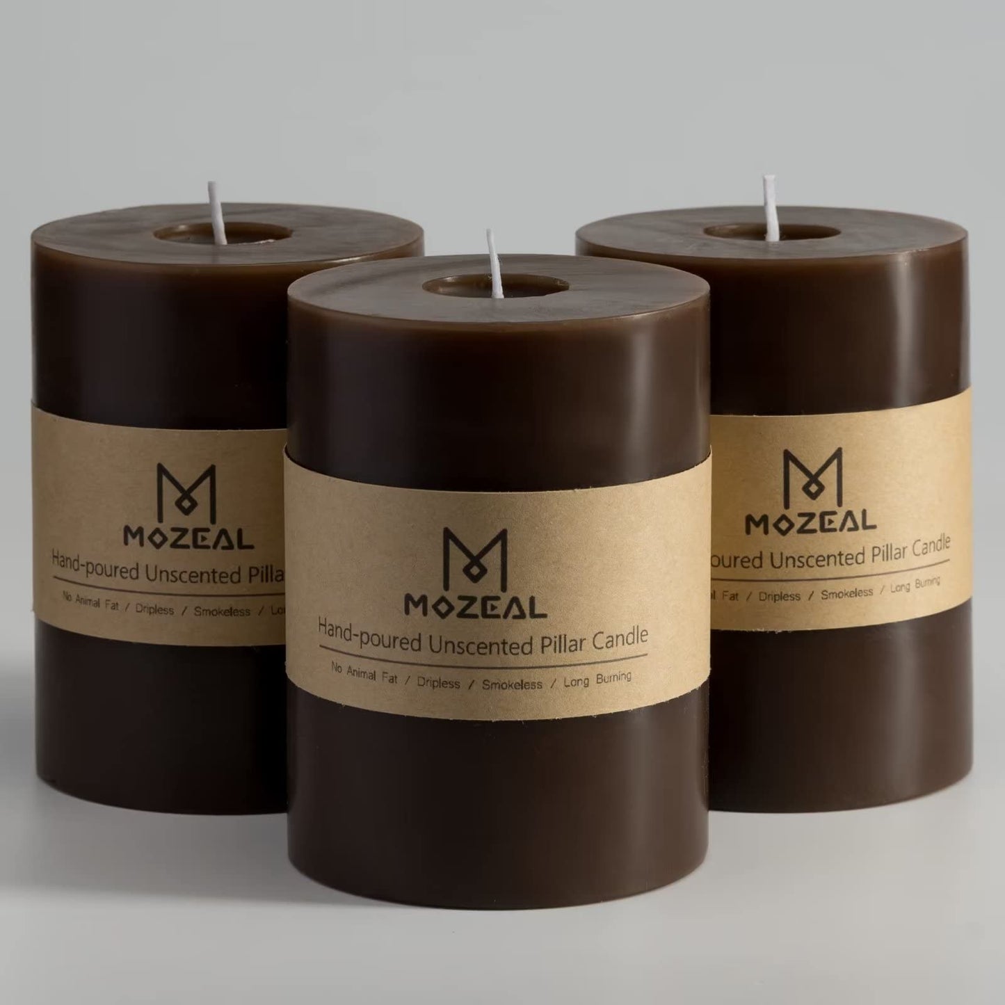 MOZEAL 3" x 4" Hand-Poured Unscented Candle,Dripless Pillar Candle Set of 3,Long Clean Burning,Approx 72 Hours Burn Time,Rustic Country Style,Wedding,Dinner,Christmas and Home Decor,Brown