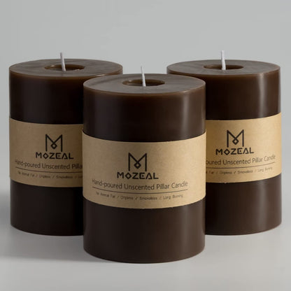 MOZEAL 3" x 4" Hand-Poured Unscented Candle,Dripless Pillar Candle Set of 3,Long Clean Burning,Approx 72 Hours Burn Time,Rustic Country Style,Wedding,Dinner,Christmas and Home Decor,Brown