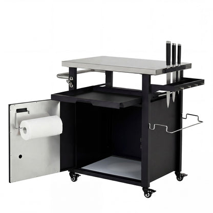 Merax 39.5" Outdoor Grill Cart with Pizza Topping Station, Grill Table Stand with Spice & Paper Rack for BBQ, Movable Food and Prep Workcart, Rolling Kitchen Island, Waterproof Cover Included, Black