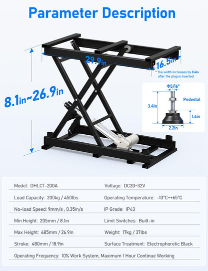 DIHOOL Electric Scissor Lift Table, 440Lbs Capacity, 8.07"-26.97" Height Adjustable Lifting Platform, Super Quiet with Remote & WiFi Control, Obstruction Detection, AC/DC Power for Home/Industrial Use
