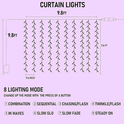 Dazzle Bright 300 LED Christmas Curtain String Lights - Waterproof Fairy Lights for Bedroom | 8 Lighting Modes, Purple