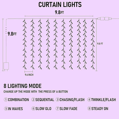 Dazzle Bright 300 LED Christmas Curtain String Lights, 8 Modes, Waterproof, Purple, Model CL-300CC