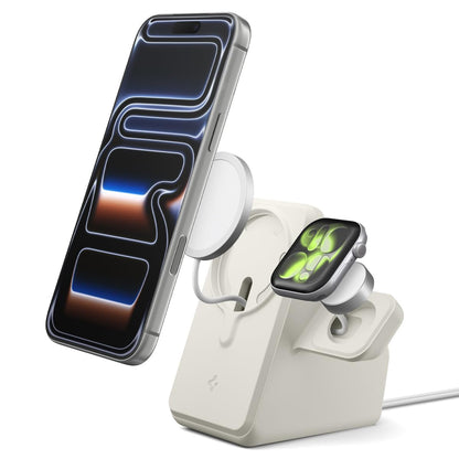 Spigen MagFit Duo Stand Designed for MagSafe Charger (25W) & Apple Watch Charger Holder for Desk Nightstand Premium Silicone Compatible with iPhone 17/16/15/14/13/12 All Apple Watches - Dune Beige