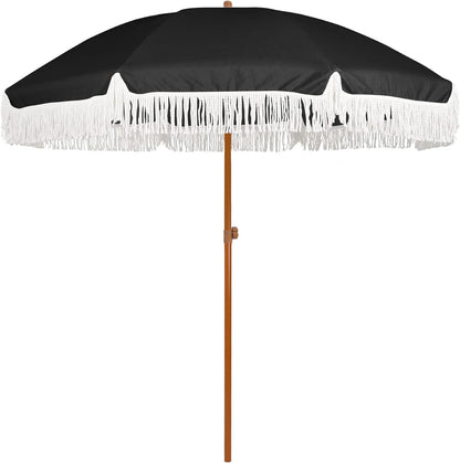 AMMSUN 7ft Patio Umbrella - Outdoor Fringe Umbrella with UPF50+ Protection & Steel Pole | Black