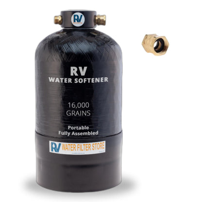Essential RV Water Softener Portable 16,000 Grain w/o Custom Hose, Long Lasting for RVers Vanlife, 3/4" Fittings, Softens Hard Water When Traveling or Mobile Spot Reducing Car Washing