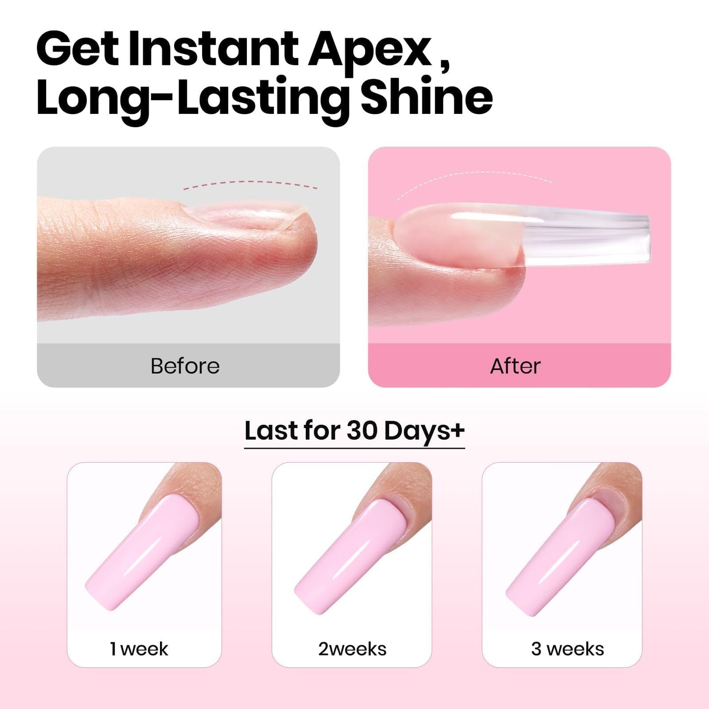 Beetles Tipex Instant Apex Nail Tips Kit, Coffin Long 224Pcs 16 Sizes Pre-Building & Pre-Etched Thicker Acrylic Nails False Nail Extension with Tipex Nail Glue Mini Nail Lamp