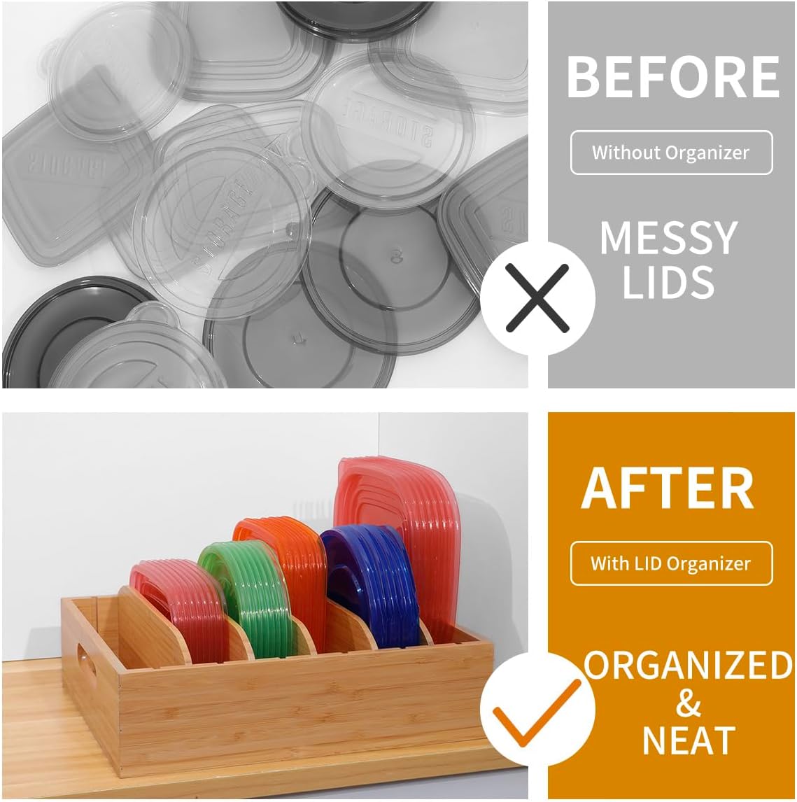 Bamboo Lid Holder | Kitchen Organizer with 5 Adjustable Dividers | 2-Piece Food Container Set