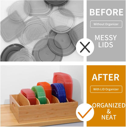 Bamboo Lid Holder | Kitchen Organizer with 5 Adjustable Dividers | 2-Piece Food Container Set