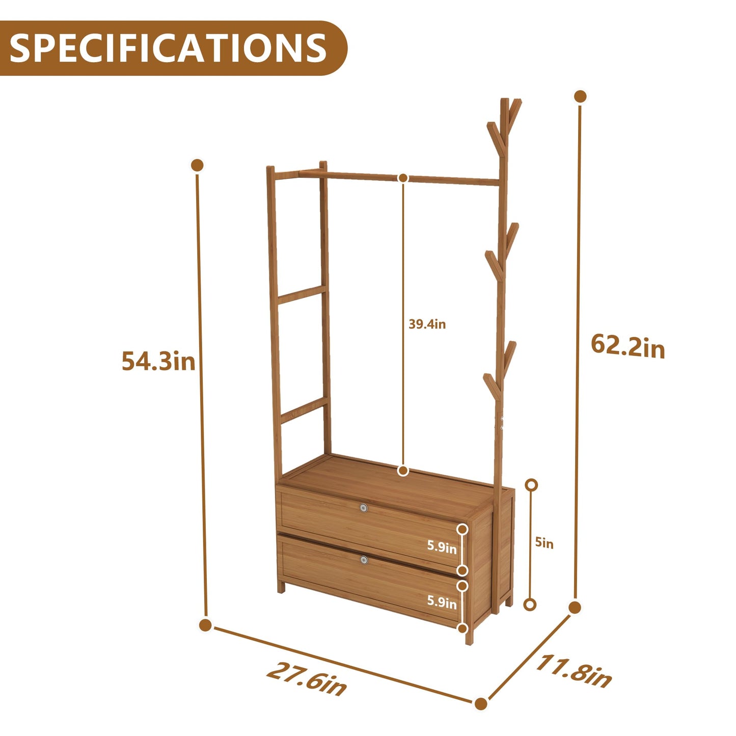 BambooCrafts Upgraded Hanging Rack Clothing Rack with Drawers,Solid Thickened Clothes Racks with Shelves,27.6inch Width Closet with Drawers,Clothes Racks for Hanging Clothes,Short Closet Dresser