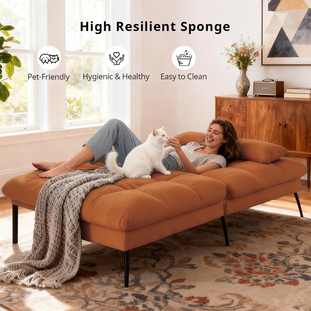 COMHOMA 72″ Futon Sofa Bed,Convertible Fabric Futons Couch with Adjustable Backrest, Folding Sleeper Recliner for Living Room Furniture (Orange)