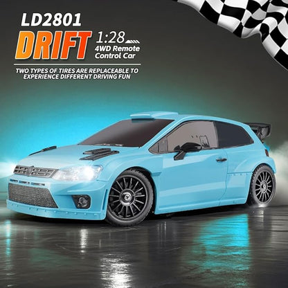 LDRC 2801 1/28 Mini RC Drift Car GTR 2.4GHz 4WD RTR with 4PCS Drift Tires Racing Radio Control Cars (Blue2)