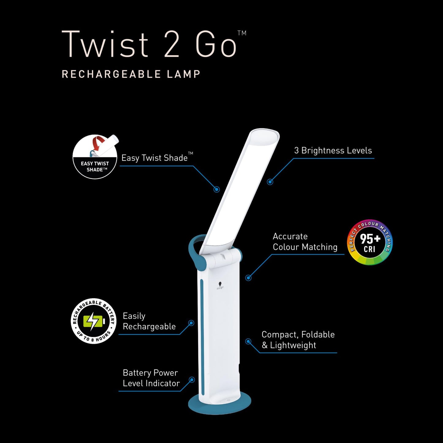 Daylight Twist 2 Go Rechargeable LED Lamp – Portable Craft & Task Light with Easy Twist Shade, 95+ CRI for Color Accuracy, 3 Brightness Levels, Up to 8 Hours Battery Life – Teal & White (U35090)