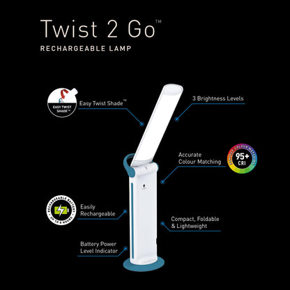 Daylight Twist 2 Go Rechargeable LED Lamp – Portable Craft & Task Light with Easy Twist Shade, 95+ CRI for Color Accuracy, 3 Brightness Levels, Up to 8 Hours Battery Life – Teal & White (U35090)