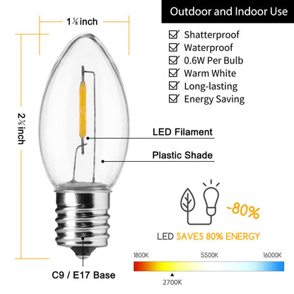 Minetom C9 LED Christmas Light Bulbs, 25 Pack, Warm White, Shatterproof Plastic, E17 Base, Dimmable Holiday Lights