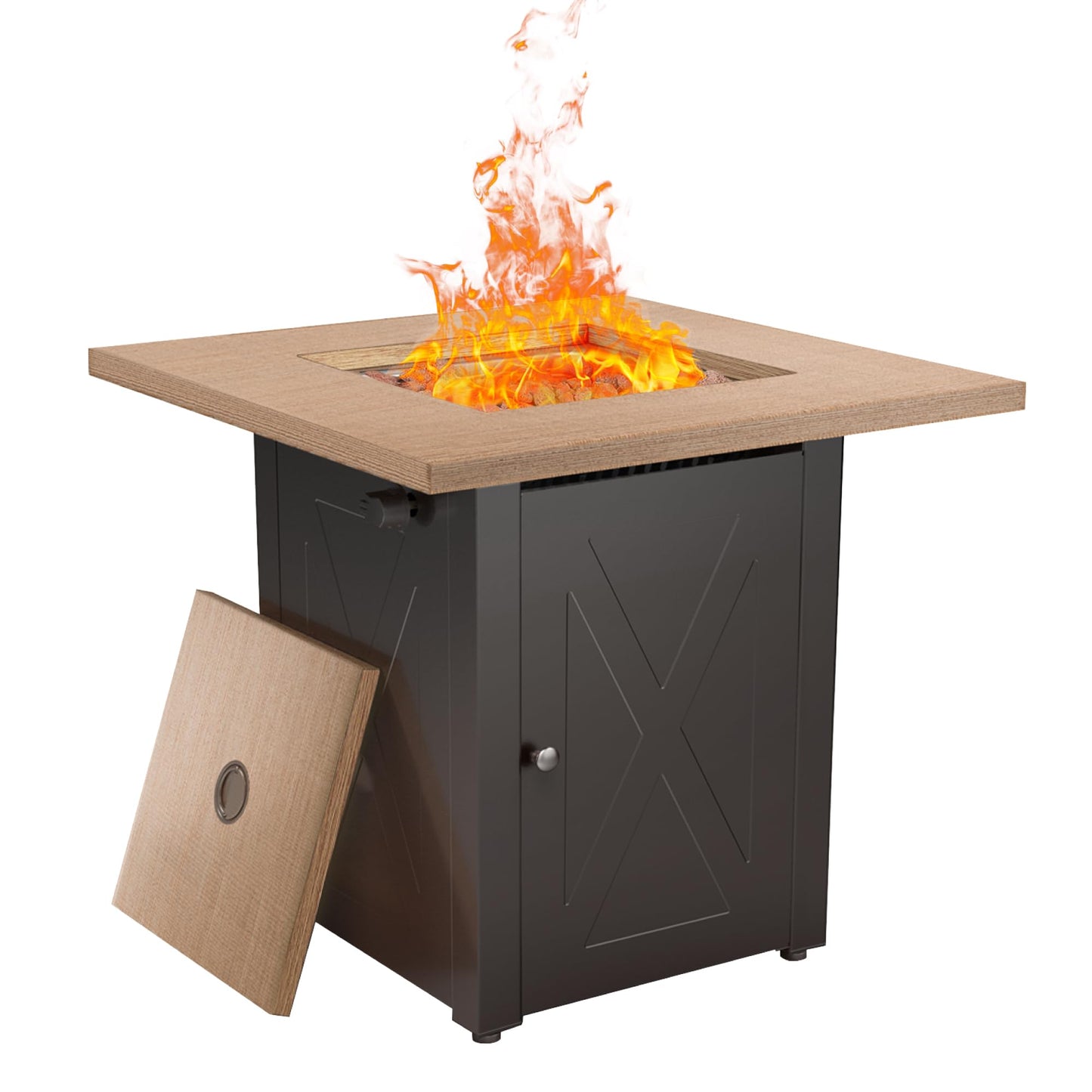 Hexago 28 Inch Outdoor Gas Square 50000 BTU Fire Pit Table with Lid, Bionic Wood Grain Propane fire pits Tables for Outside Backyard Garden Camping Party