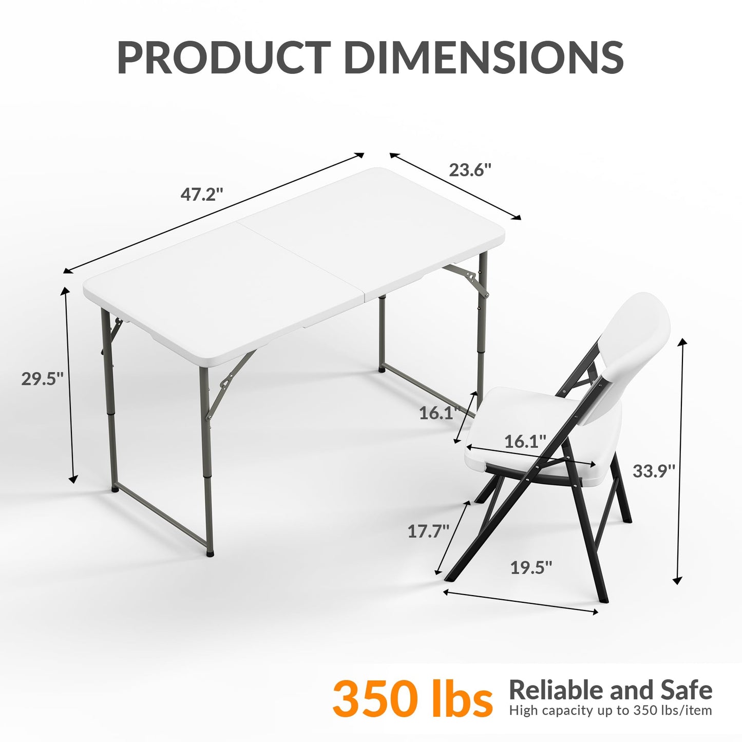 Elevon Folding Table Set with 4 White Folding Chairs,4 Feet Heavy Duty Fold-in-Half Utility Table Sets for Picnic, Event, Training, Outdoor Activities, at Home and Commercial Use