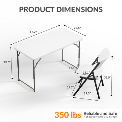 Elevon Folding Table Set with 4 White Folding Chairs,4 Feet Heavy Duty Fold-in-Half Utility Table Sets for Picnic, Event, Training, Outdoor Activities, at Home and Commercial Use