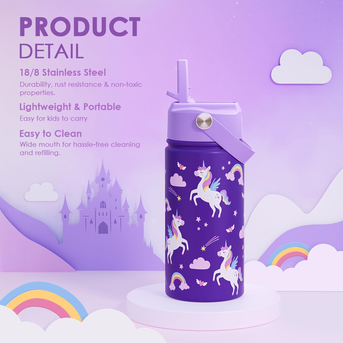 Skiennix Unicorn Kids Water Bottle - 12oz Insulated Stainless Steel Tumbler with Straw Lid | Perfect Gift for Girls