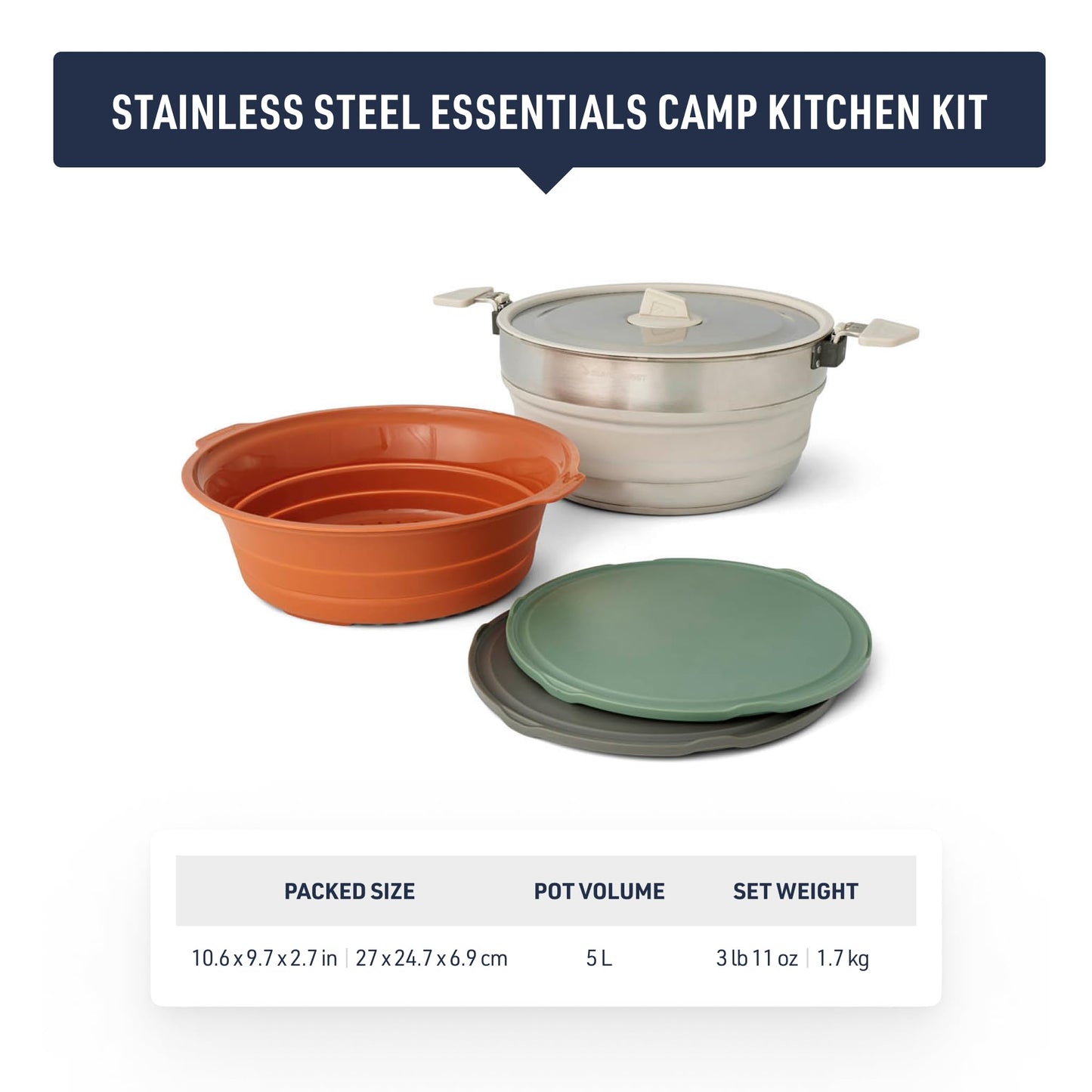 Sea to Summit Detour Essentials Camp Kitchen Kit (5 Liter Pot, Collapsible Colander, 2 Cutting Boards)