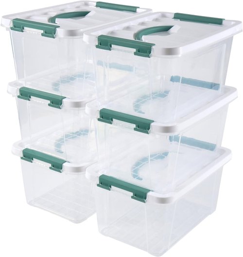 Eslite 6 Quart Clear Plastic Stackable Storage Bins - Latching Box with Handle & Lid, Pack of 6